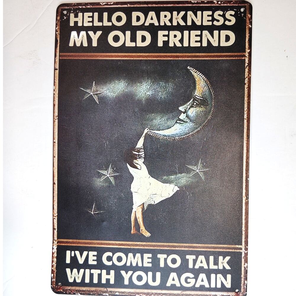 Hello Darkness Tin Sign 12×8 Vintage Moon Art Retro Music Inspired Wall Decor